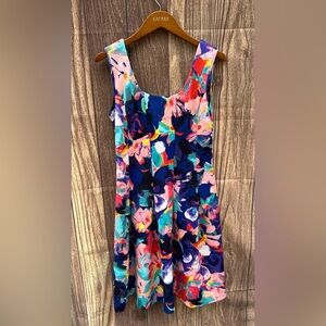 Spense size 10 fit and flare colorful floral stretch pleated sleeveless dress